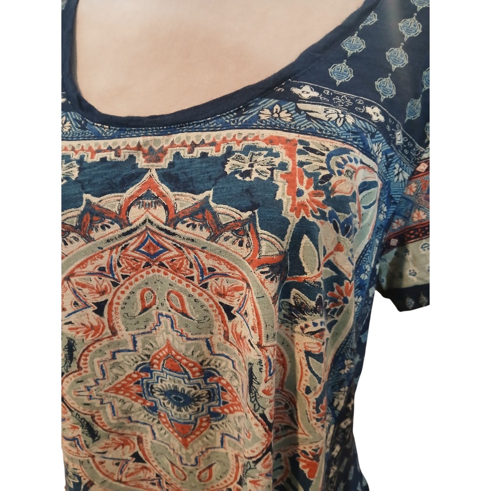 Lucky Brand Navy Blue Boho Medallion Print Short Sleeve Scoop Neck Top 2x Summer - Picture 2 of 9